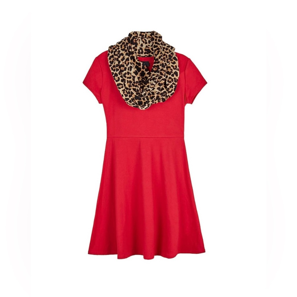 Amy Byer Girls Short Sleeve Scarf Over Solid Knit Dress | Size Medium (8-10)